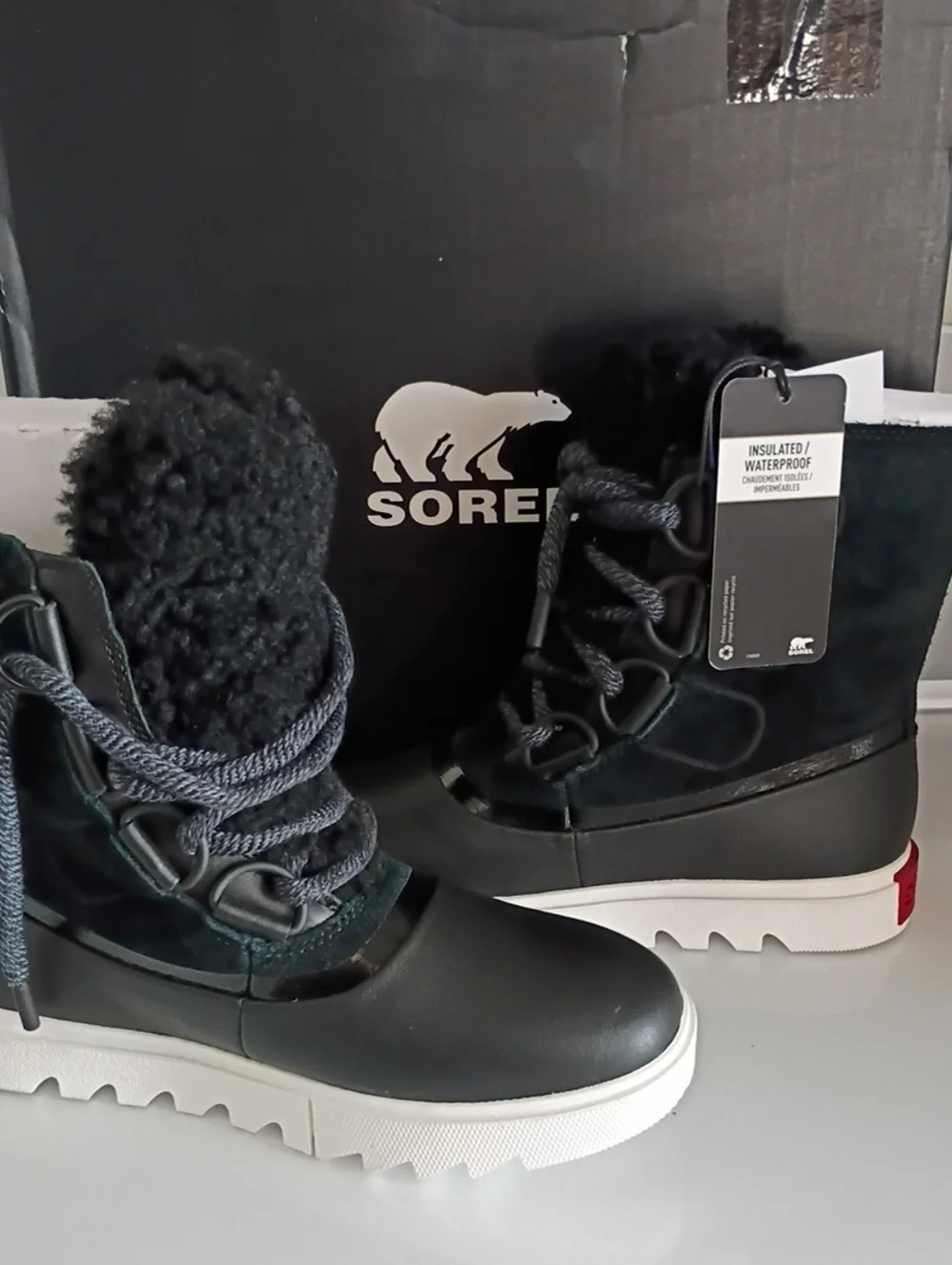 Sorel Black & White Waterproof Sherpa-Trim Lace-Up Winter Boots